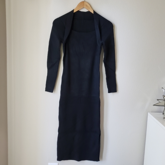 Square Neck Long Sleeve Ribbed Knit Side Slit Midi Dress - Picture 6 of 13